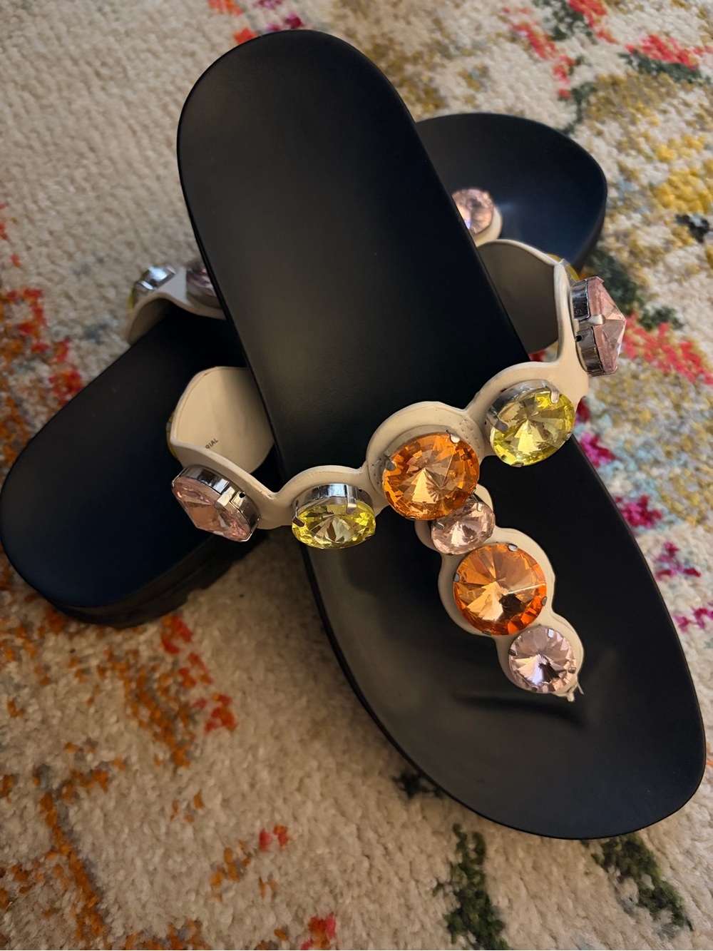 Gianni Bini Black Thong Sandals with Multicolor Gem Accents - Picture 3 of 3